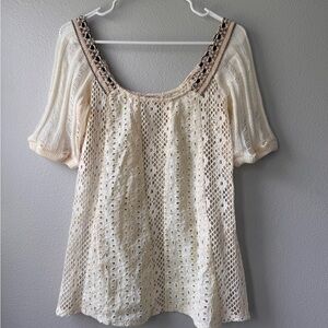 Women's Cream Crochet Short Sleeve Top Sz L Boho Festival Cottage Eyelet Cotton
